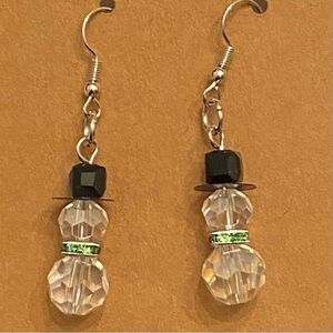 Snowman Dangle Earrings with Black and Green Accents